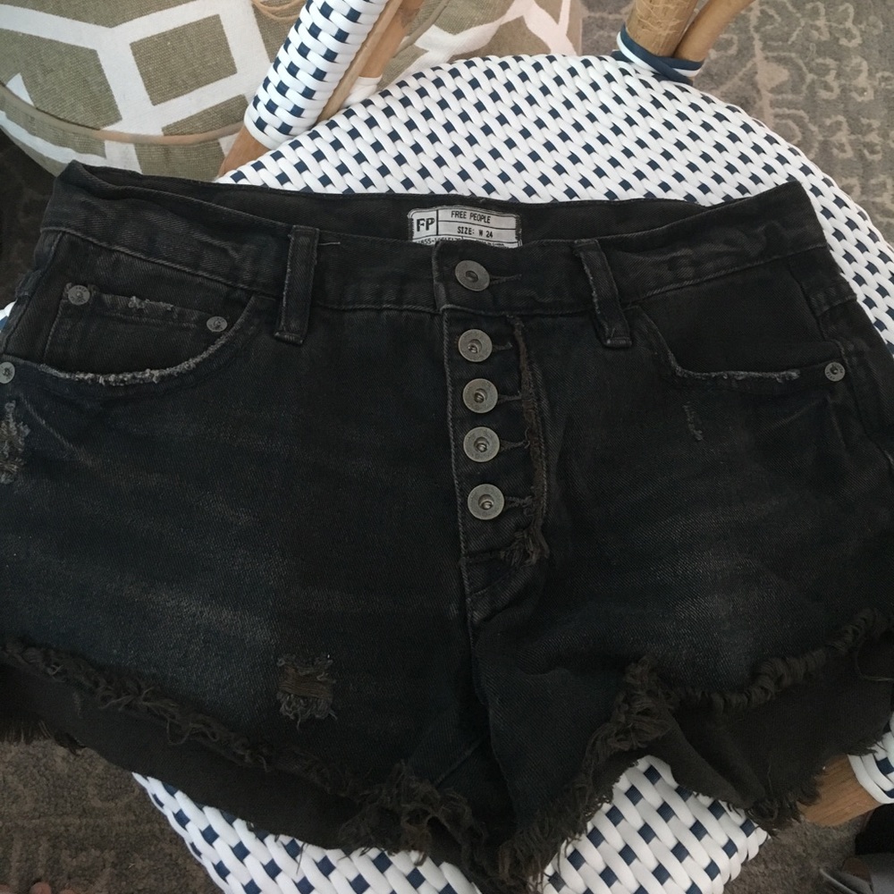 Free People Black Distressed Button-fly Shorts